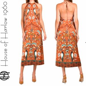 House of Harlow Satin Bird Halter Midi Dress Medium Resortwear Cruise Tropical